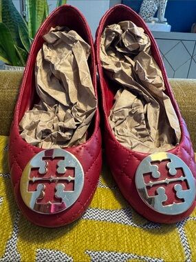 Tory Burch Red Quilted Leather Logo Ballet Flats - Riva